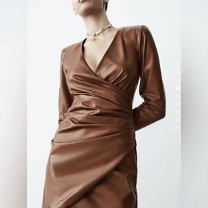 NWOT Zara Mini Dress Faux Leather wrap chocolate brown rouched size Small​​​